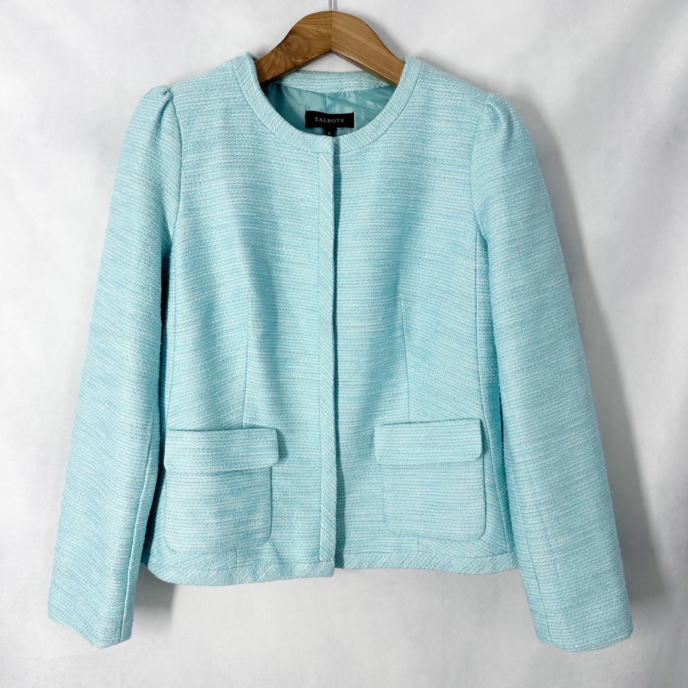 Talbots Teal Blue Silver Metallic Tweed Snap Front Blazer Jacket Women's Size 10